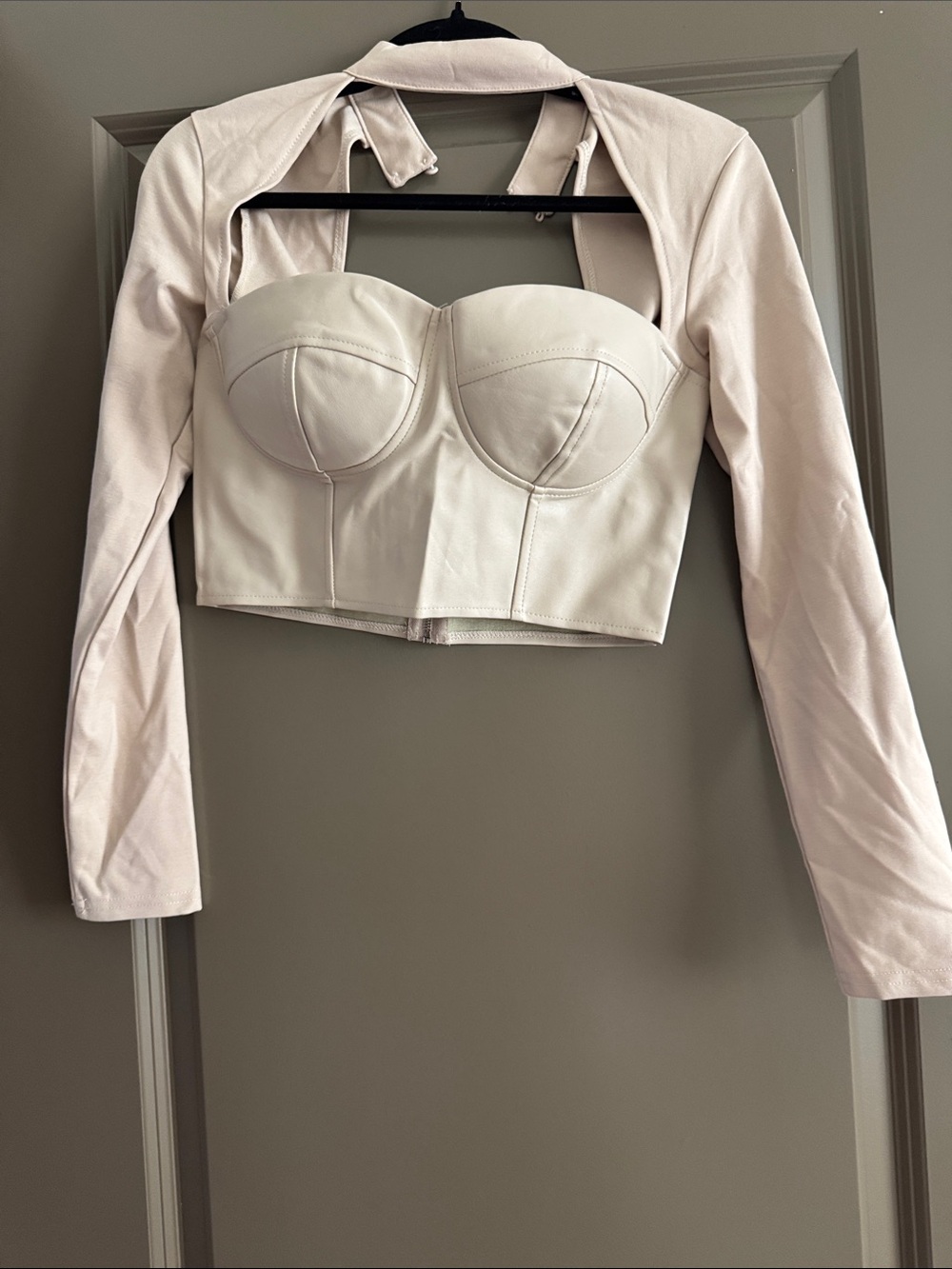 Fashion Nova Cream Faux Leather Bustier Crop Top with Long-Sleeve Bolero